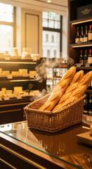 Freshly baked baguettes steaming in a wicker basket on a glass counter, warm light from a bakery window. Artisan bread for cafe, restaurant, or breakfast theme.