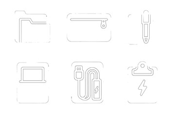 Briefcase Icon Set. Solid, filled icon set of briefcase organization: file divider, zippered pouch, card slot, pen holder, tablet pocket, cable organizer,