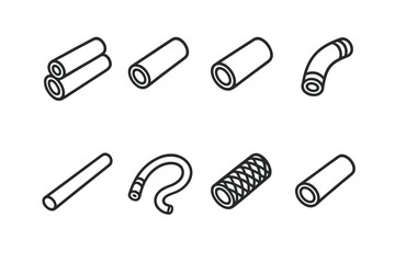 Tube Materials Icons. Outline icon set of tube construction materials: PVC pipe, copper tube, stainless steel pipe, rubber hose, glass tube, flexible plastic