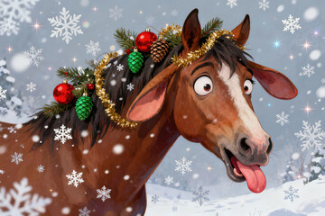 Goofy cartoon horse with its tongue out, wearing a festive Christmas garland with ornaments and pinecones, surrounded by falling snowflakes in a winter wonderland