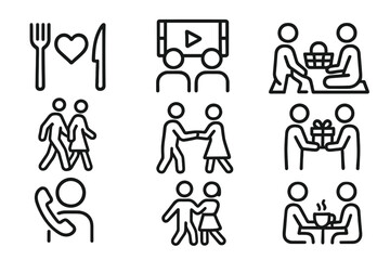 Date Activities Icons. Outline icon set of date activities: dining, movie, walk, picnic, gift giving, dancing, phone call, coffee meet. Line icons in only