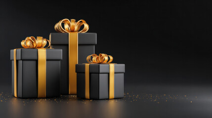 Shopping cart black, dark background podium, realistic gift boxes with gold ribbon, and a black Friday sale promotion.flyers, cards, banners, posters, advertising, and 3D rendering 