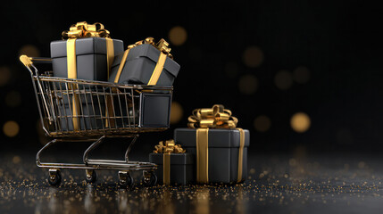 Shopping cart black, dark background podium, realistic gift boxes with gold ribbon, and a black Friday sale promotion.flyers, cards, banners, posters, advertising, and 3D rendering