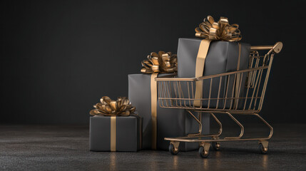 Shopping cart black, dark background podium, realistic gift boxes with gold ribbon, and a black Friday sale promotion.flyers, cards, banners, posters, advertising, and 3D rendering