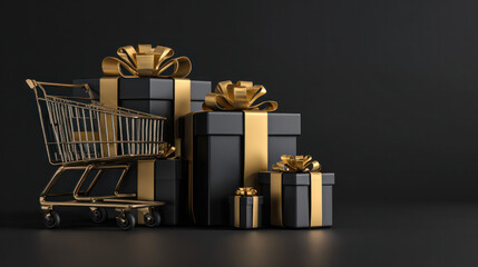 Shopping cart black, dark background podium, realistic gift boxes with gold ribbon, and a black Friday sale promotion.flyers, cards, banners, posters, advertising, and 3D rendering