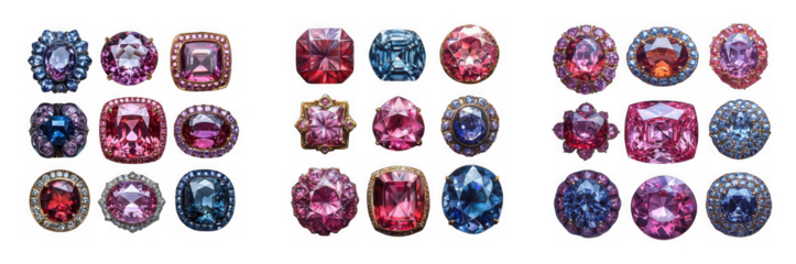 Collection of colorful gemstone rings, isolated on transparent background