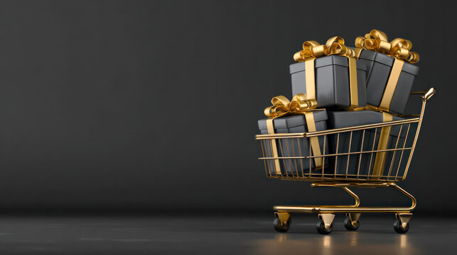 Shopping cart black, dark background podium, realistic gift boxes with gold ribbon, and a black Friday sale promotion.flyers, cards, banners, posters, advertising, and 3D rendering - Powered by Adobe