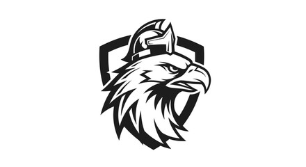 Striking eagle head with spartan helmet graphic emblem on shield background design