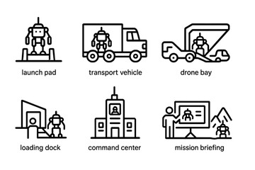 Military Robot Icons. Outline icon set of military robot deployment: launch pad, transport vehicle, drone bay, deployment ramp, loading dock, command center,
