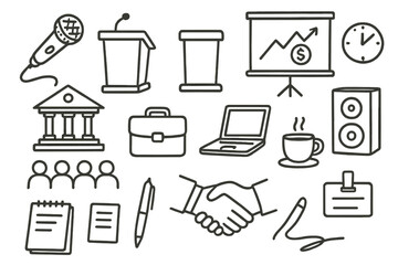 Banking Event Icons. Hand-drawn doodle illustration Banking event essentials microphone, podium, presentation screen, laptop, speaker, audience, financial