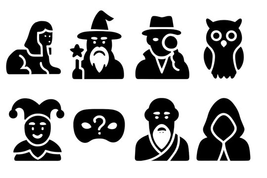 Riddle Icons Grid. Solid, filled icon set of riddle characters: sphinx, wizard, detective, owl, jester, riddler mask, ancient sage, mysterious hooded figure.