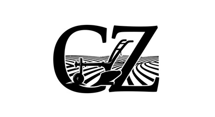 Monochrome CZ logo design with agriculture theme featuring a farm field and plow