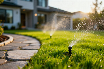 Automatic Lawn Sprinkler System Watering Lush Green Grass in a Sunny Residential Garden with Stone Walkway