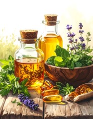 Herbal remedies on wooden table