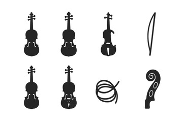 Violin Icons Collection. Solid, filled icon set of violin history and styles: baroque violin, Stradivarius, electric violin, period bow, folk fiddle, modern