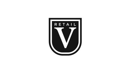 Monochrome retail logo showcasing letter v in shield design for branding identity