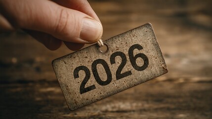 Person holding a wooden tag with "2026" on it, blurred wood background