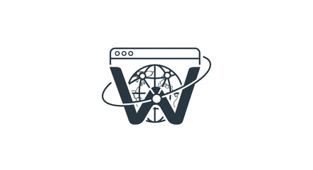 Modern global technology logo design featuring a letter W with website integration