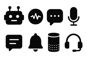AI Communication Icons. Solid, filled icon set of AI communication: chatbot, voice assistant, speech bubble, microphone, text message, notification bell, smart