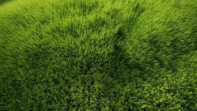 Top-down video view of lush green grass, capturing the texture and density. The vibrant color and natural pattern create a fresh, organic feel. Live desktop wallpaper.