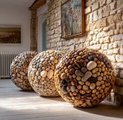Three large spheres, meticulously crafted from diverse stones, create a captivating display against a backdrop of natural stone walls.