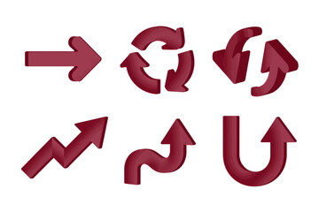 Collection of maroon arrow illustrations pointing in various directions for navigation and design projects showing forward recycle and up and down movements