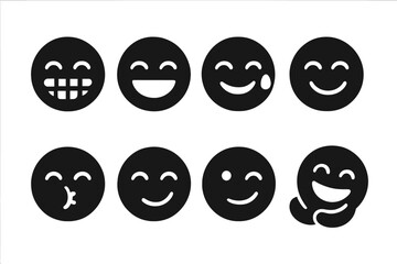 Fototapeta premium Laugh Expression Icons. Solid, filled icon set of laugh expressions: wide grin, open-mouthed laugh, tear of joy, tilted smile, cheek puff, snorting laugh, side