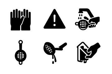 Strainer Safety Icons. Solid, filled icon set of strainer safety and use tips: gloves, warning sign, hand washing, careful pouring, drying, storage,