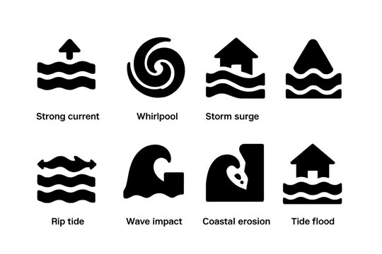 Tidal Hazard Icons. Solid, filled icon set of tidal hazards: strong current, whirlpool, storm surge, submerged rock, rip tide, wave impact, coastal erosion,