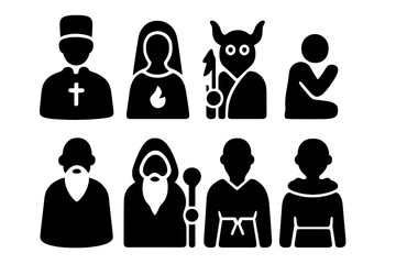 Ritual Icons Grid. Solid, filled icon set of ritual participants: priest, priestess, shaman, acolyte, worshiper, elder, druid, monk. Solid, filled icons in