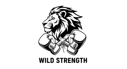 Bold monochrome logo design featuring a lion's head and crossed boxing gloves conveying strength