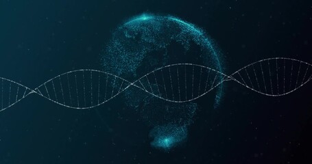 Scattered particles forming digital globe then revealing DNA helix moving showing genetic mapping - Powered by Adobe