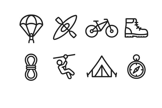 Adventure Icon Set. Outline icon set of adrenaline in adventure: parachute, kayak, mountain bike, hiking boot, climbing rope, zip line, camping tent, compass.