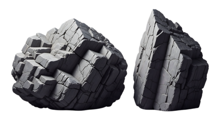 Two rough gray mineral crystals isolated on transparent background