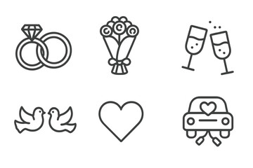 Obraz premium Wedding Icon Set. Outline icon set of wedding celebration: rings, bouquet, cake, champagne glasses, doves, heart, gift, car with decorations. Line icons in