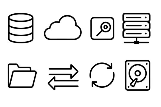 Server Farm Icons. Solid, filled icon set of server farm data management: database, cloud storage, backup tape, RAID array, file folder, data transfer, sync
