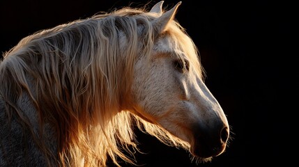 Profile of a light-colored horse with flowing mane, illuminated by sunlight