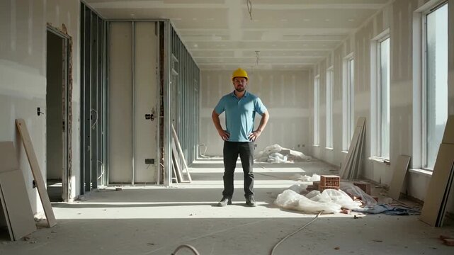 A young Hispanic man stands confidently in a construction site. He wears a yellow hard hat and a blue shirt. The room is empty with drywall and tools scattered around.