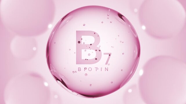 A pink glossy sphere with vitamin B7. Biotin pill capsule. Abstract 3D bubble drop background