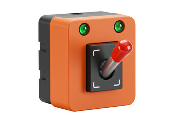 Orange and black control box with red lever isolated, industrial switch with green lights for machinery and equipment safety