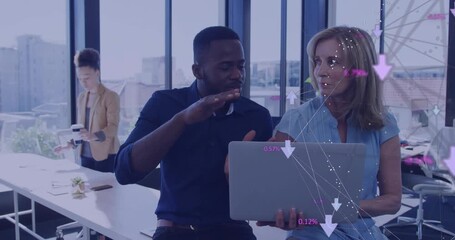 Team tapping laptop and tracing rising animated arrows in business meeting for metric review - Powered by Adobe