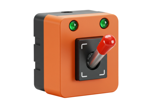 Orange and black control box with red lever isolated, industrial switch with green lights for machinery and equipment safety - Powered by Adobe