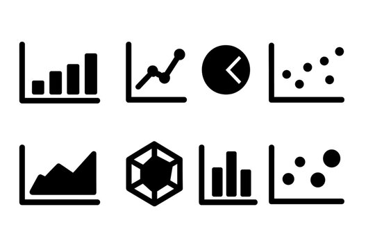Graph Icons Grid. Solid, filled icon set of graph types: bar chart, line graph, pie chart, scatter plot, area chart, radar chart, histogram, bubble chart.