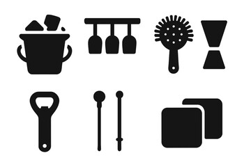 Bar Tools Icons. Solid, filled icon set of shake bar accessories: ice bucket, glass rack, strainer, jigger, bottle opener, cocktail picks, stir sticks,
