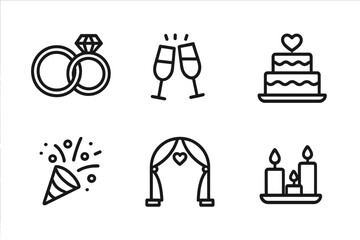 Ceremony Icons Set. Outline icon set of ceremony elements: wedding rings, bouquet, champagne glasses, cake, confetti, arch, guestbook, candles. Line icons in