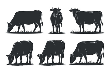 Cow silhouette vector set on transparent background