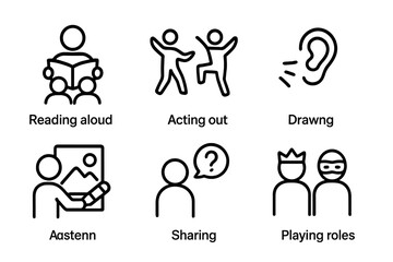 Storytime Activity Icons. Outline icon set of storytime activities: reading aloud, acting out, drawing scenes, listening, asking questions, writing stories,