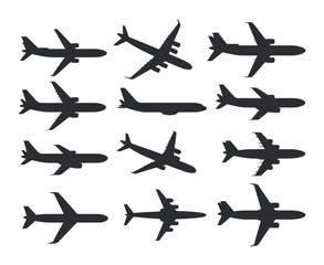 Array of Twelve Airplane Silhouettes on Transparent Background