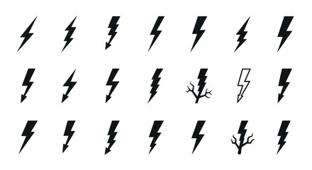 Naklejka premium Collection of Black Lightning Bolt Icons and Tree Branch Silhouettes on White Background thunderbolt