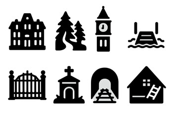 Fototapeta premium Mysterious Places Icons. Solid, filled icon set of mysterious places: abandoned mansion, dark forest path, clocktower, foggy pier, closed gate, forgotten tomb,